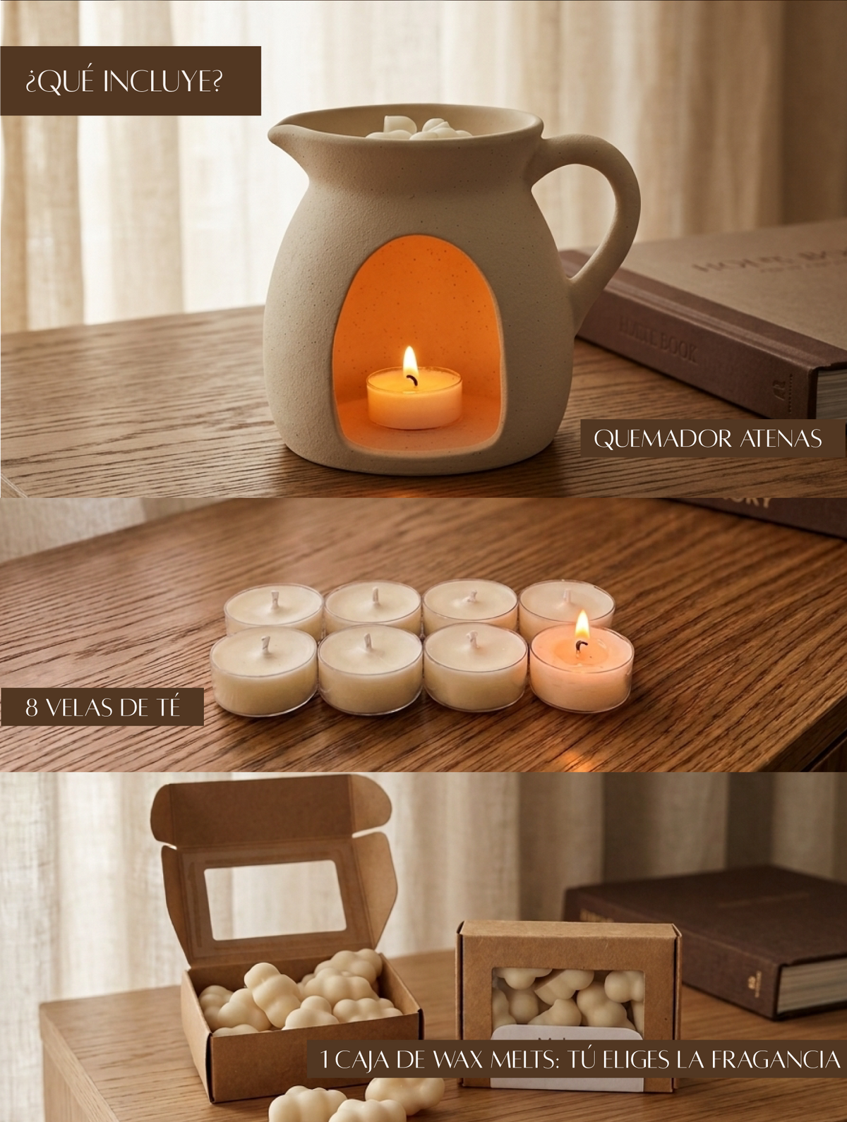 Pack de bienvenida con quemador Atenas, wax melts y velas de té